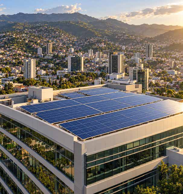 Edificio de oficinas con paneles solares en la azotea, con la ciudad y las montañas al fondo
